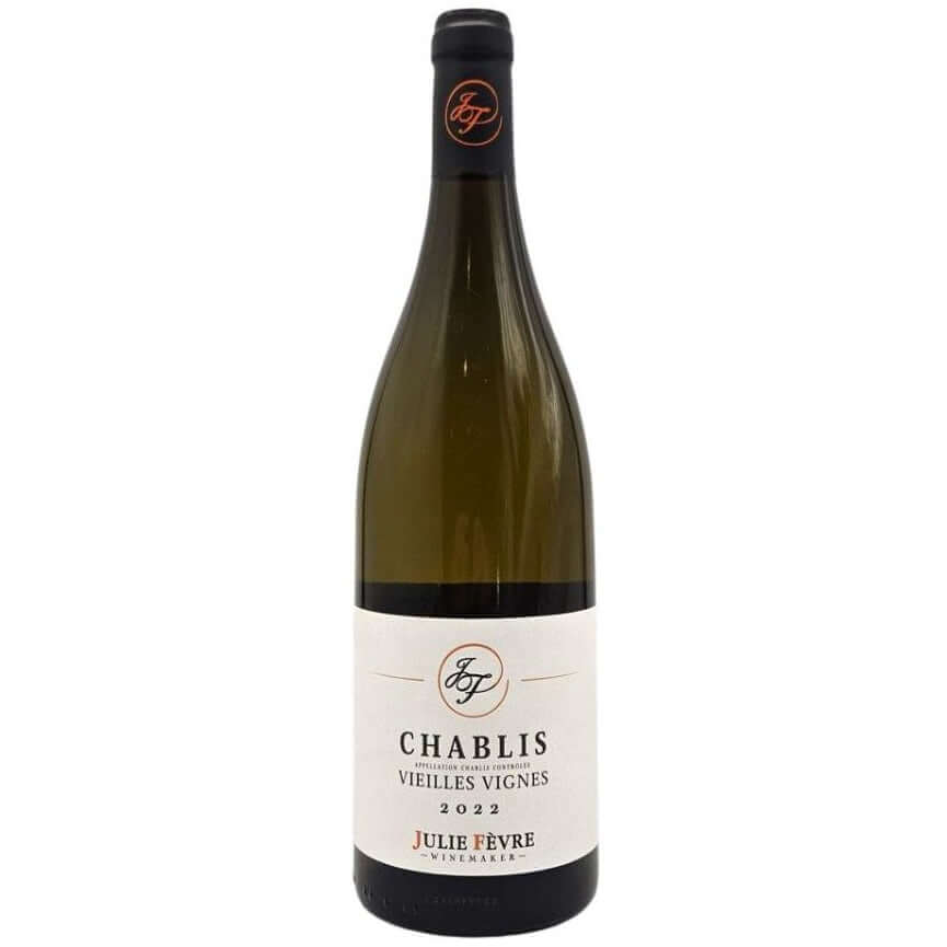 Julie Fevre Chablis white wine bottle with a white label and black text