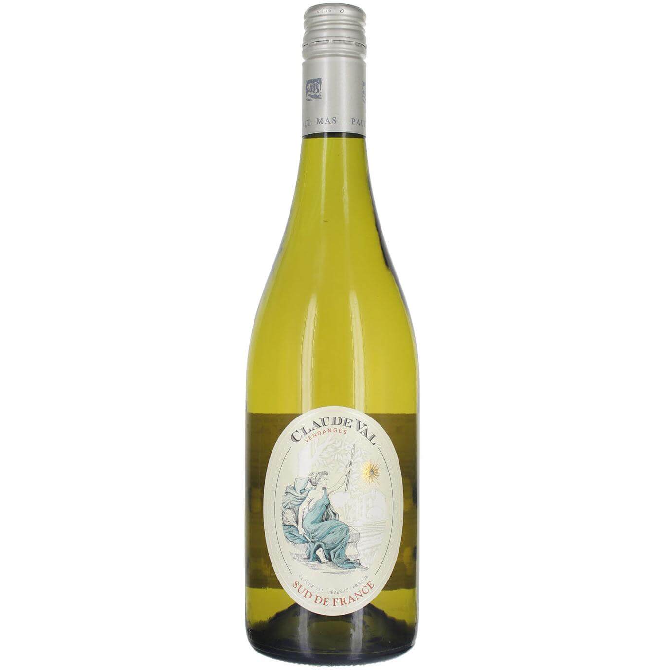 Paul Mas Claude Val Blanc IGP Pays D'Oc white wine bottle featuring vibrant pale gold color.