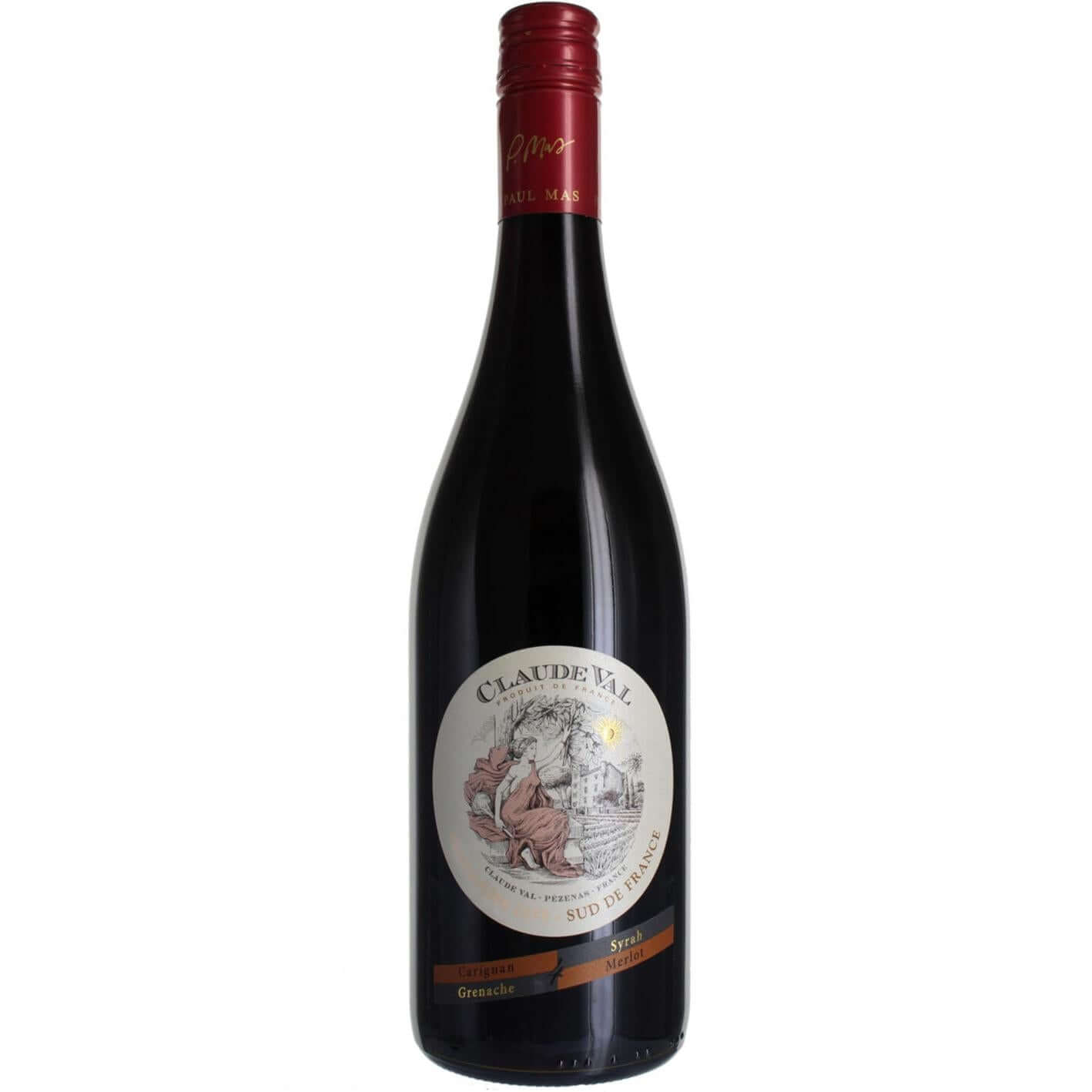 Paul Mas Claude Val Rouge Igp Pays D'OC wine bottle with red label and elegant design.