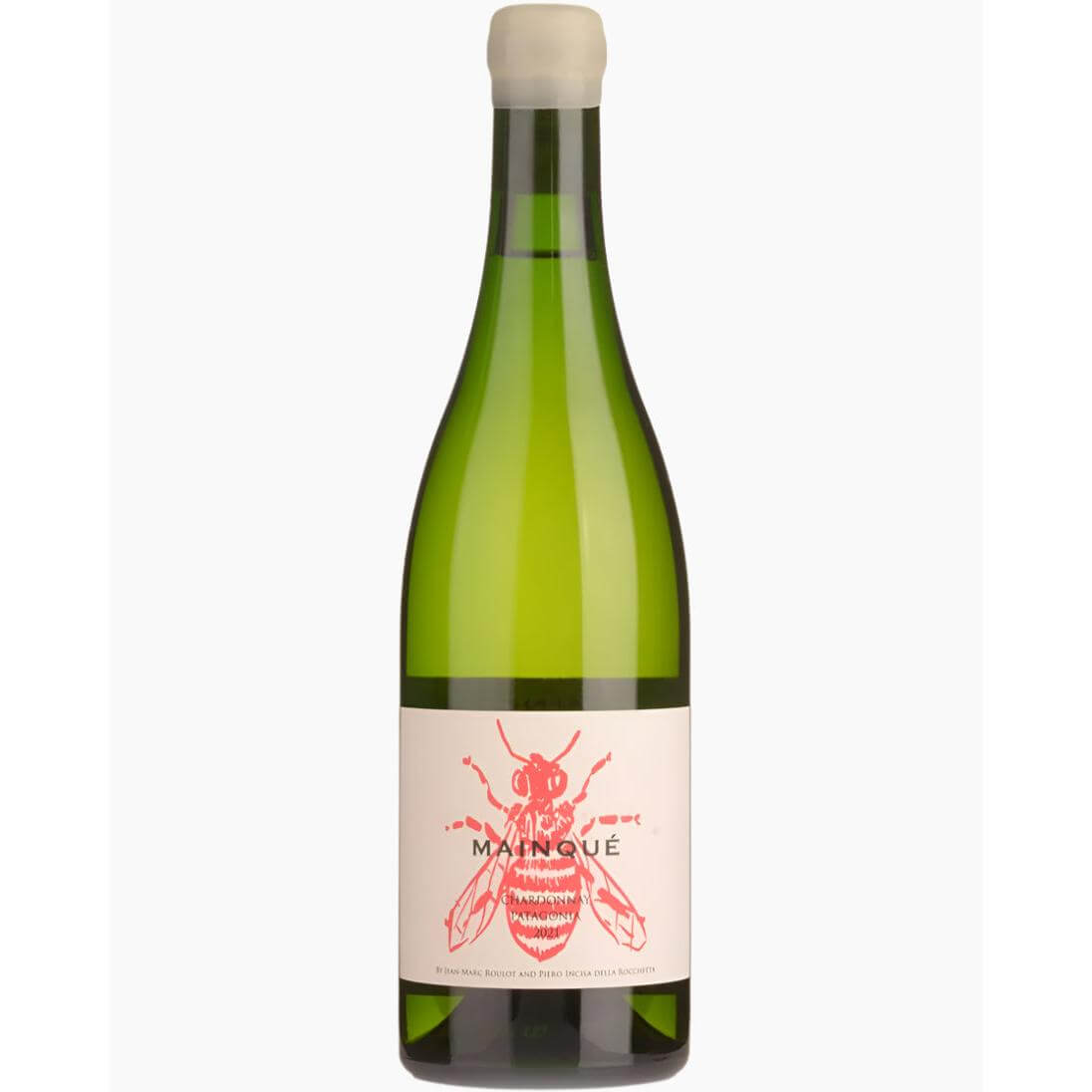 Bodega Chacra Mainque Chardonnay bottle showcasing its unique label and vibrant green glass.
