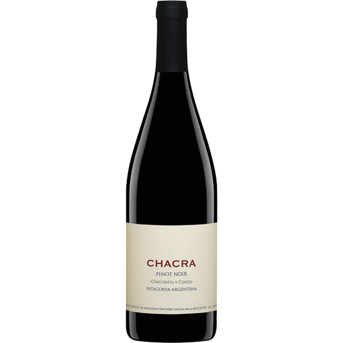 Bodega Chacra Cincuenta Y Cinco 55 Pinot Noir wine bottle with elegant design and label.