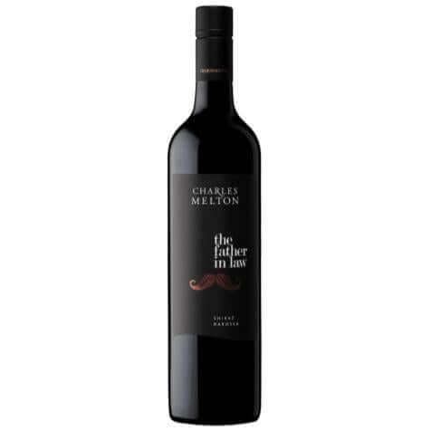 Charles Melton Father In Law Shiraz wine bottle with a mustache graphic on the label