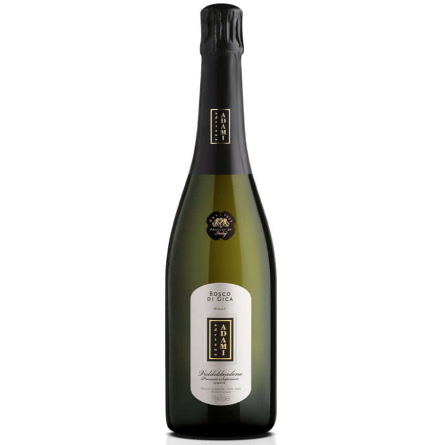 Adami Bosco di Gica Prosecco Superiore Brut Valdobbiadene DOCG sparkling wine bottle with elegant label.