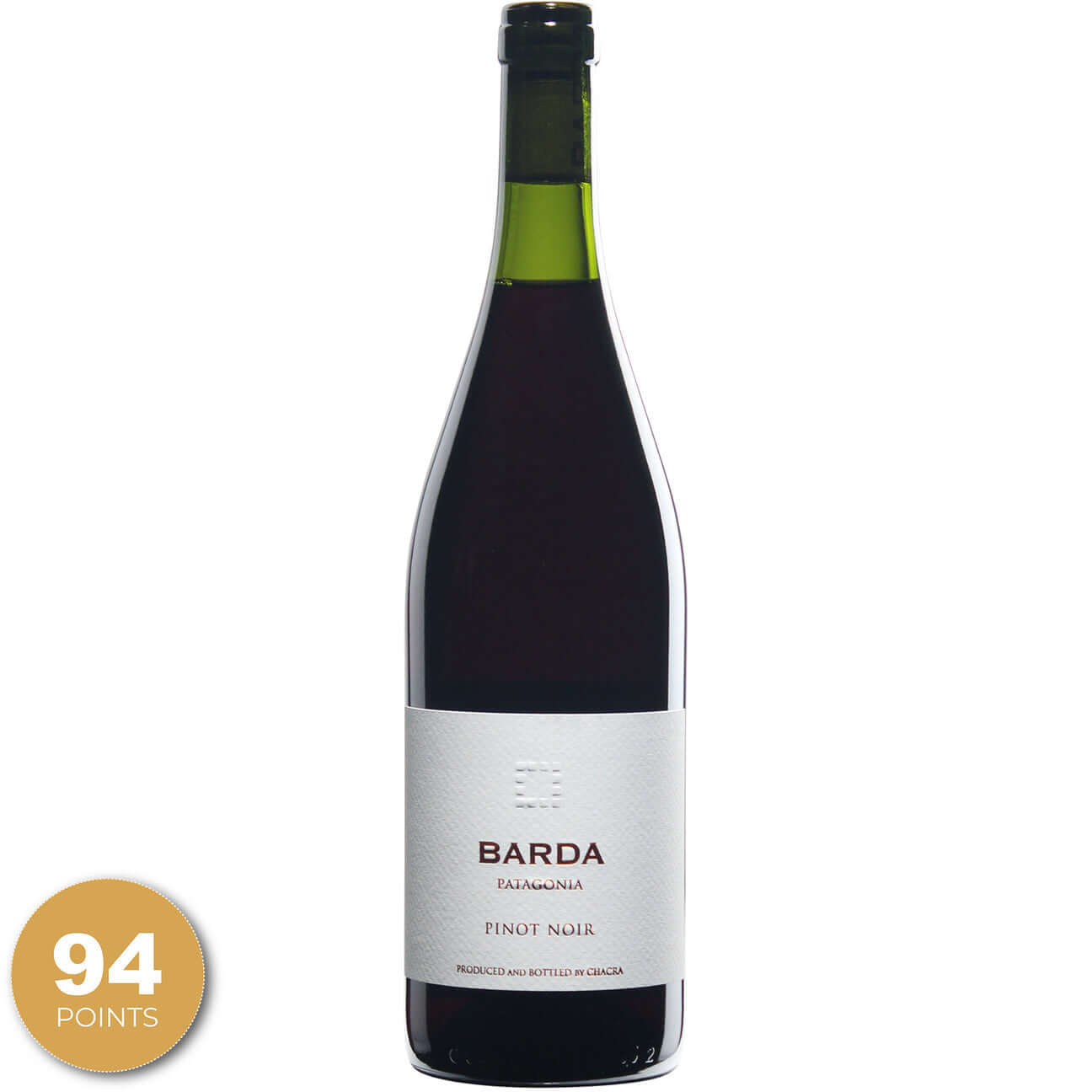 Bodega Chacra Barda 2021 bottle showcasing Pinot Noir with 94 points rating and elegant design.