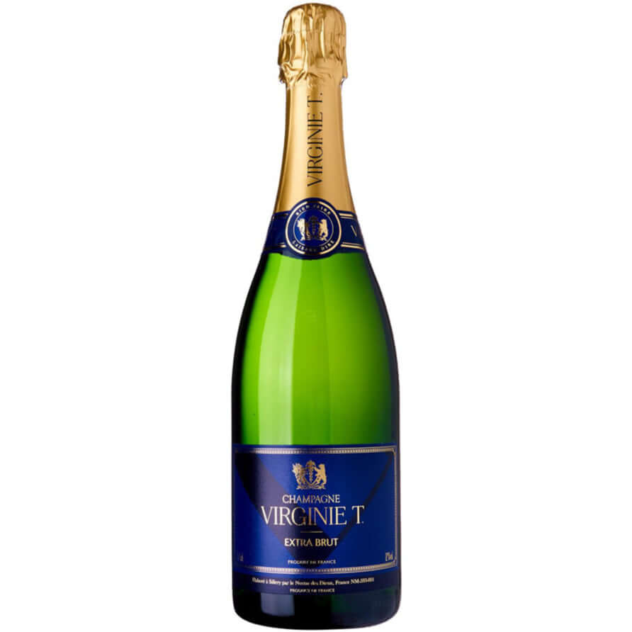 Bottle of Champagne Virginie T Extra Brut NV featuring a green glass and gold foil.