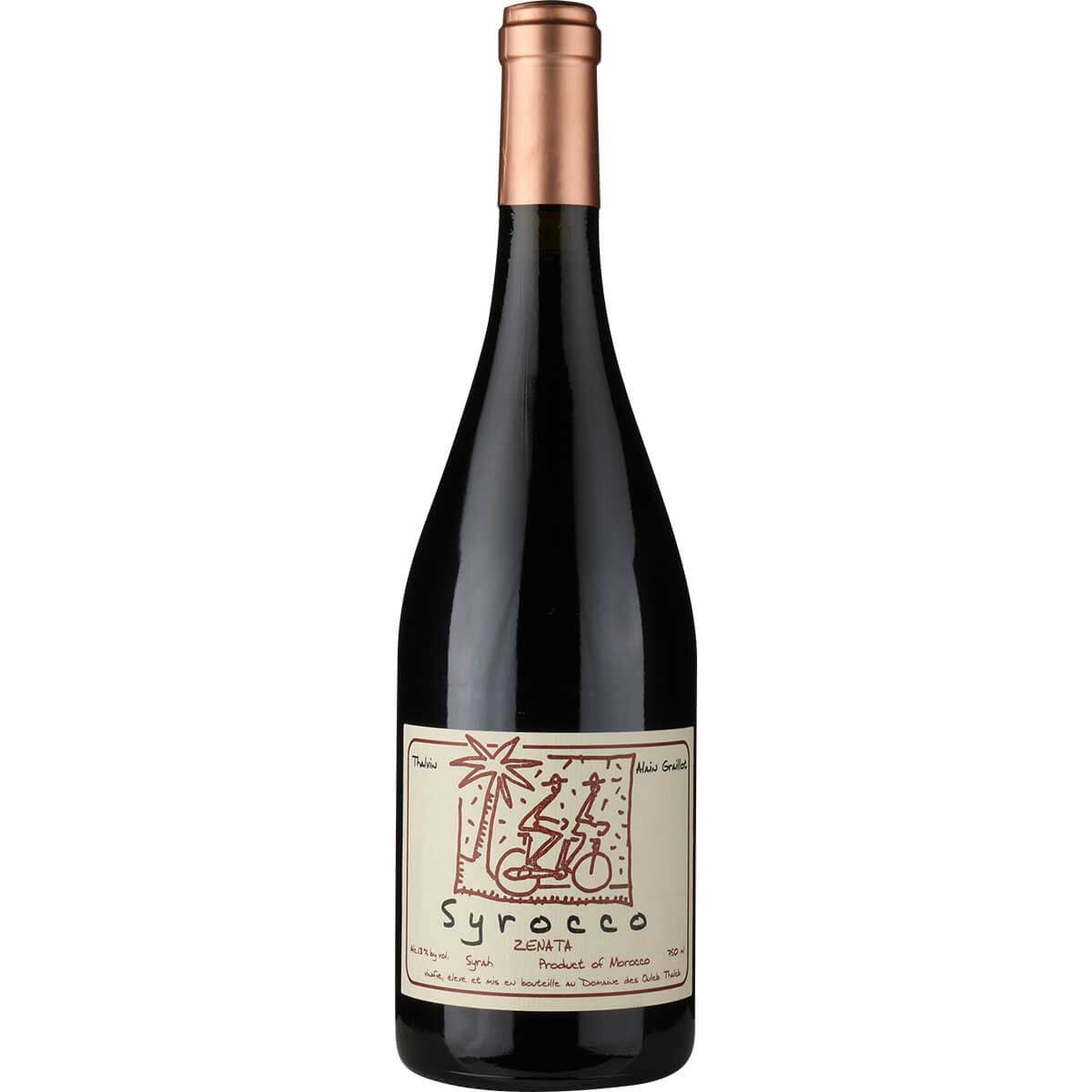 Alain Graillot Syrocco Rouge Maroc wine bottle with a unique label featuring a palm tree and two cyclists - Curated Wines