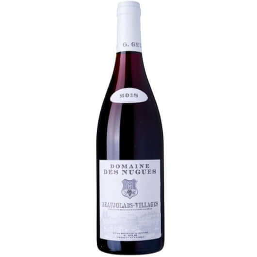 Domaine Des Nugues Beaujolais Villages Rouge wine bottle with elegant label and deep ruby color.
