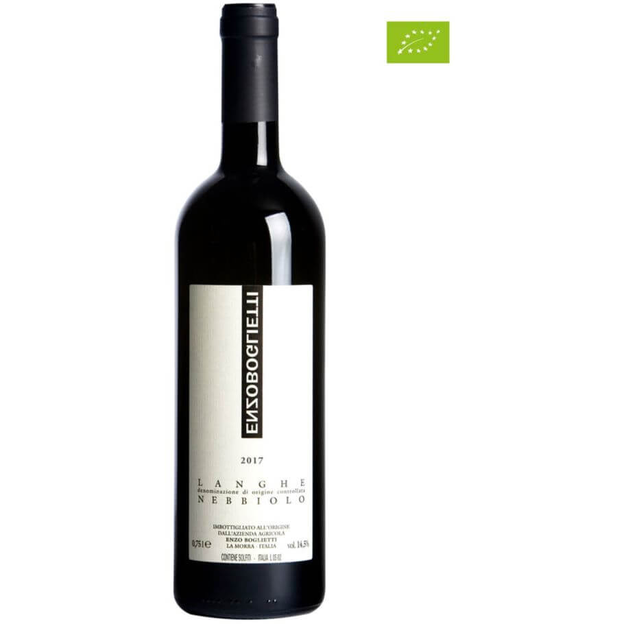 Boglietti Langhe Nebbiolo 2017 wine bottle showcasing its garnet red color and elegant label.