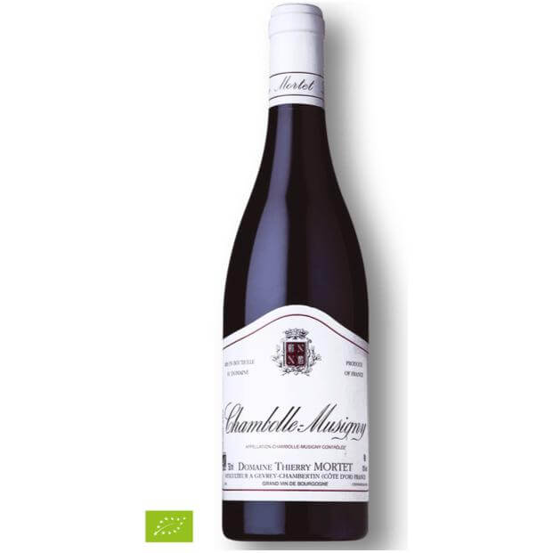 Domaine Thierry Mortet Chambolle Musigny wine bottle with white label and green organic logo
