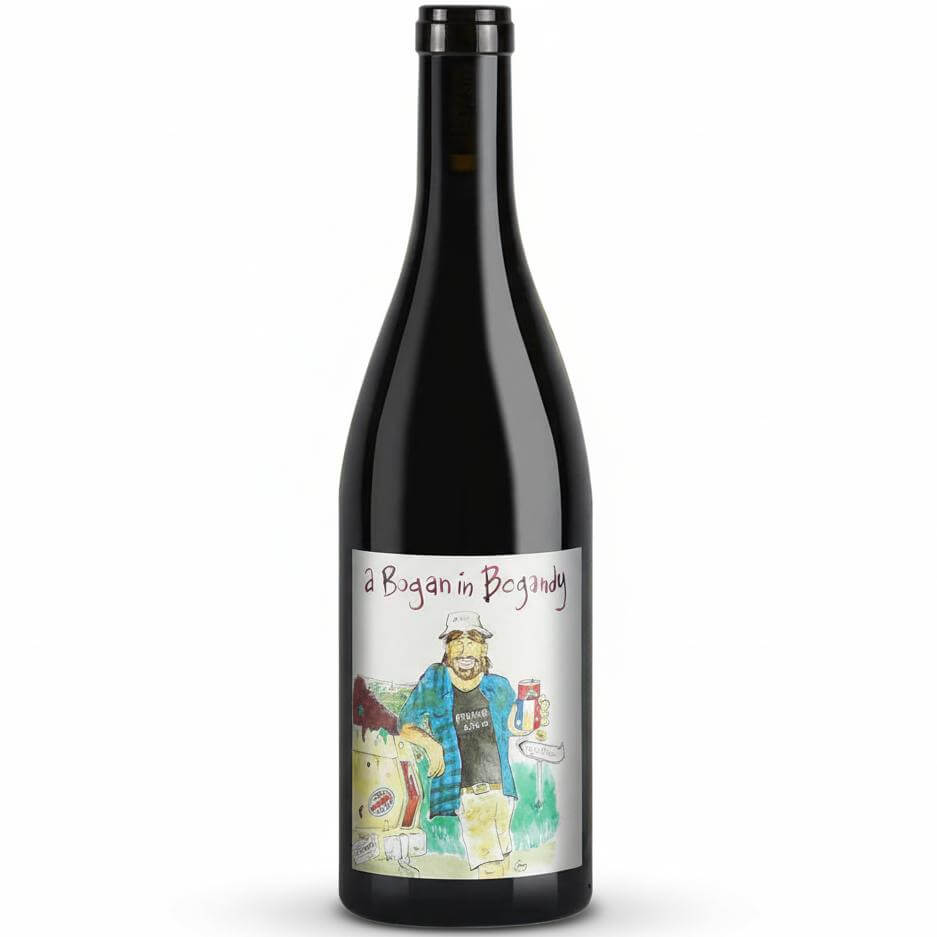 Mark Haisma Bogan In Bogandy Coteaux Bourguignons red wine bottle with a cartoon label