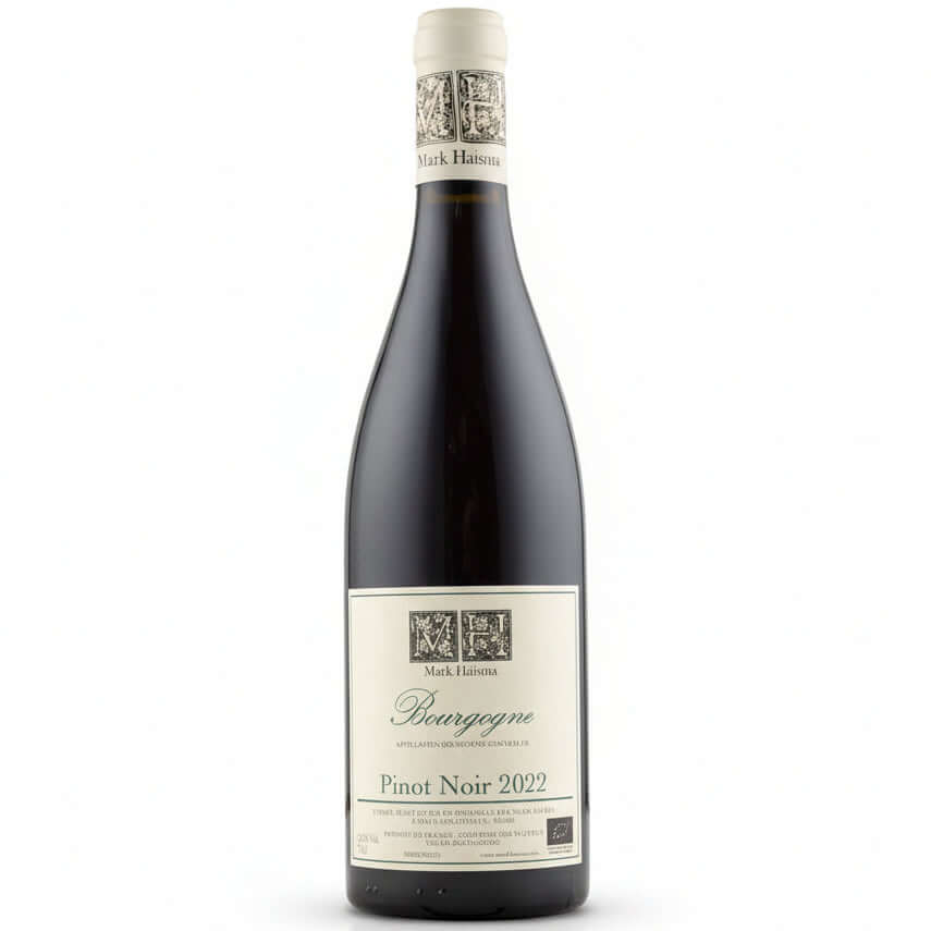Mark Haisma Bourgogne Pinot Noir Bio 2022 bottle, with a white label and a white and black patterned foil