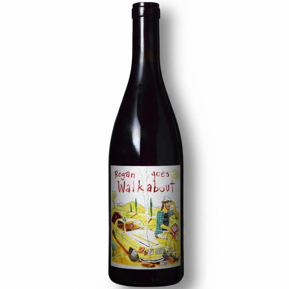 Mark Haisma Bogan Goes Walkabout wine bottle with a colorful label showing a person next to a yellow car