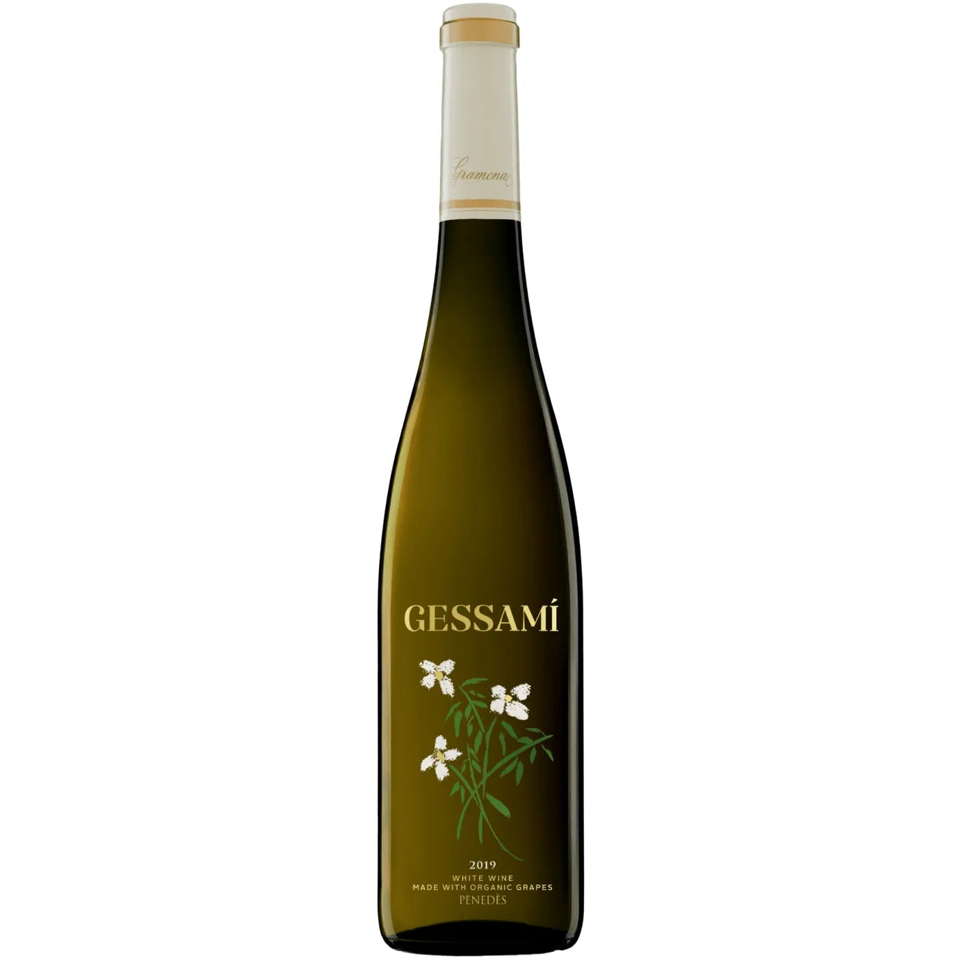 Gramona Gessami Muscat Sauvignon Blanc white wine bottle with jasmine flower illustration - Curated Wines