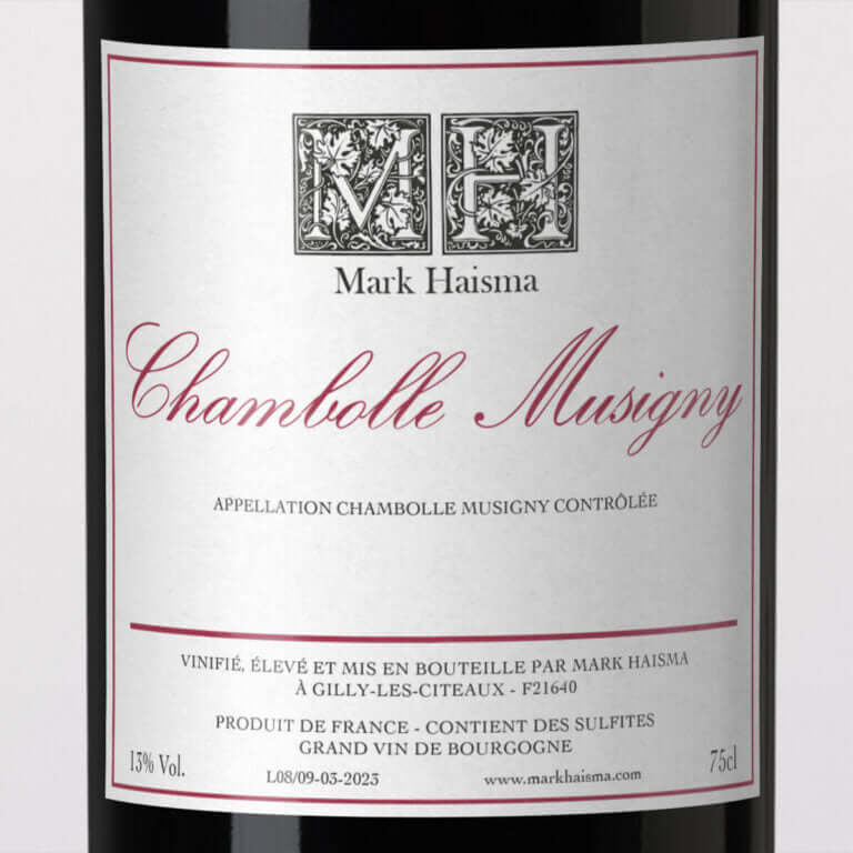 Mark Haisma Chambolle-Musigny wine label with ornate 'MH' logo and red script text