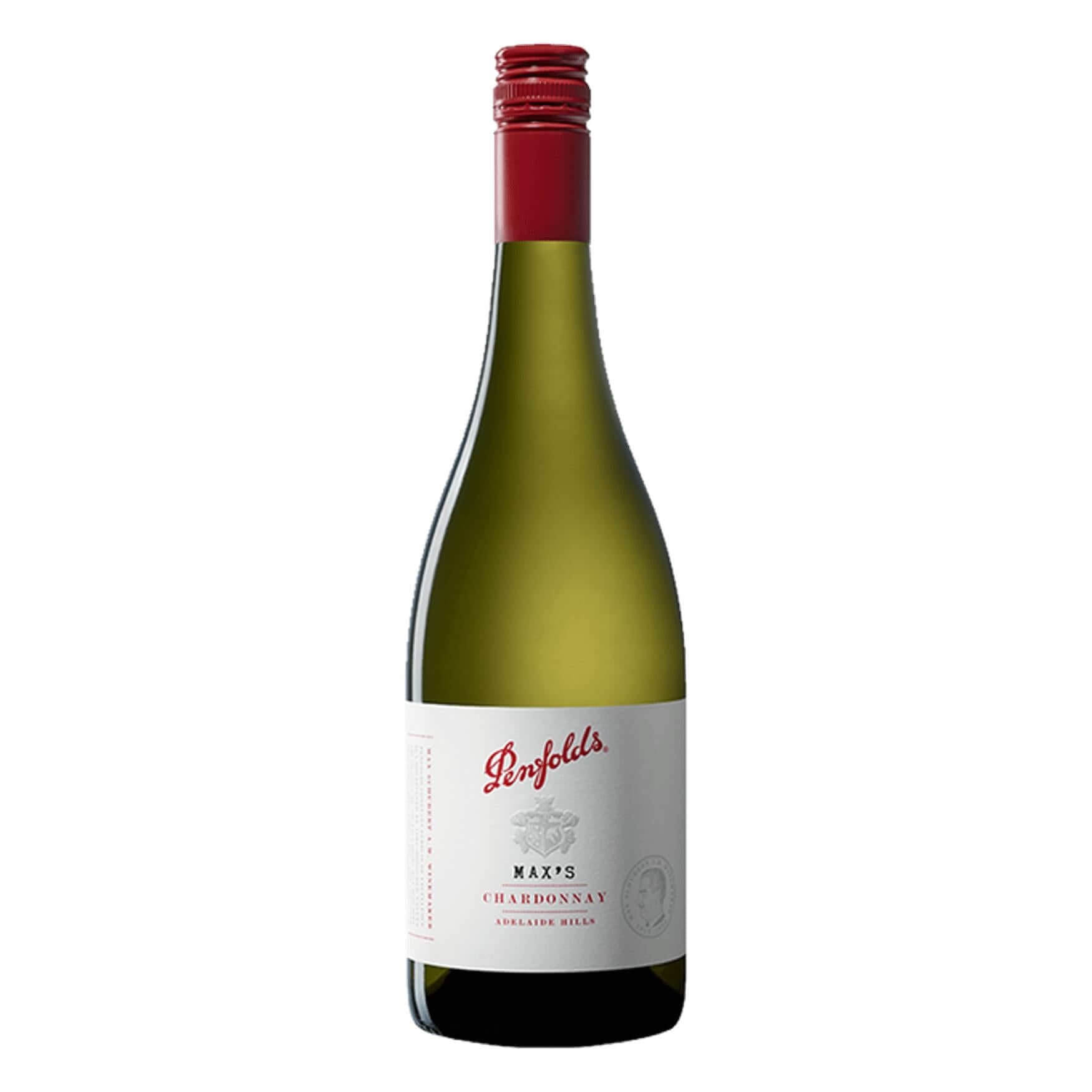 Penfolds Max Chardonnay wine bottle from Australia with a red screw cap and white label