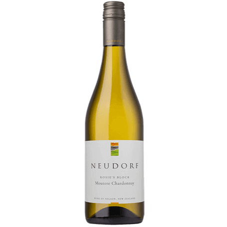 Neudorf Rosie’s Block Moutere Chardonnay wine bottle showcasing its elegant design and golden hue.