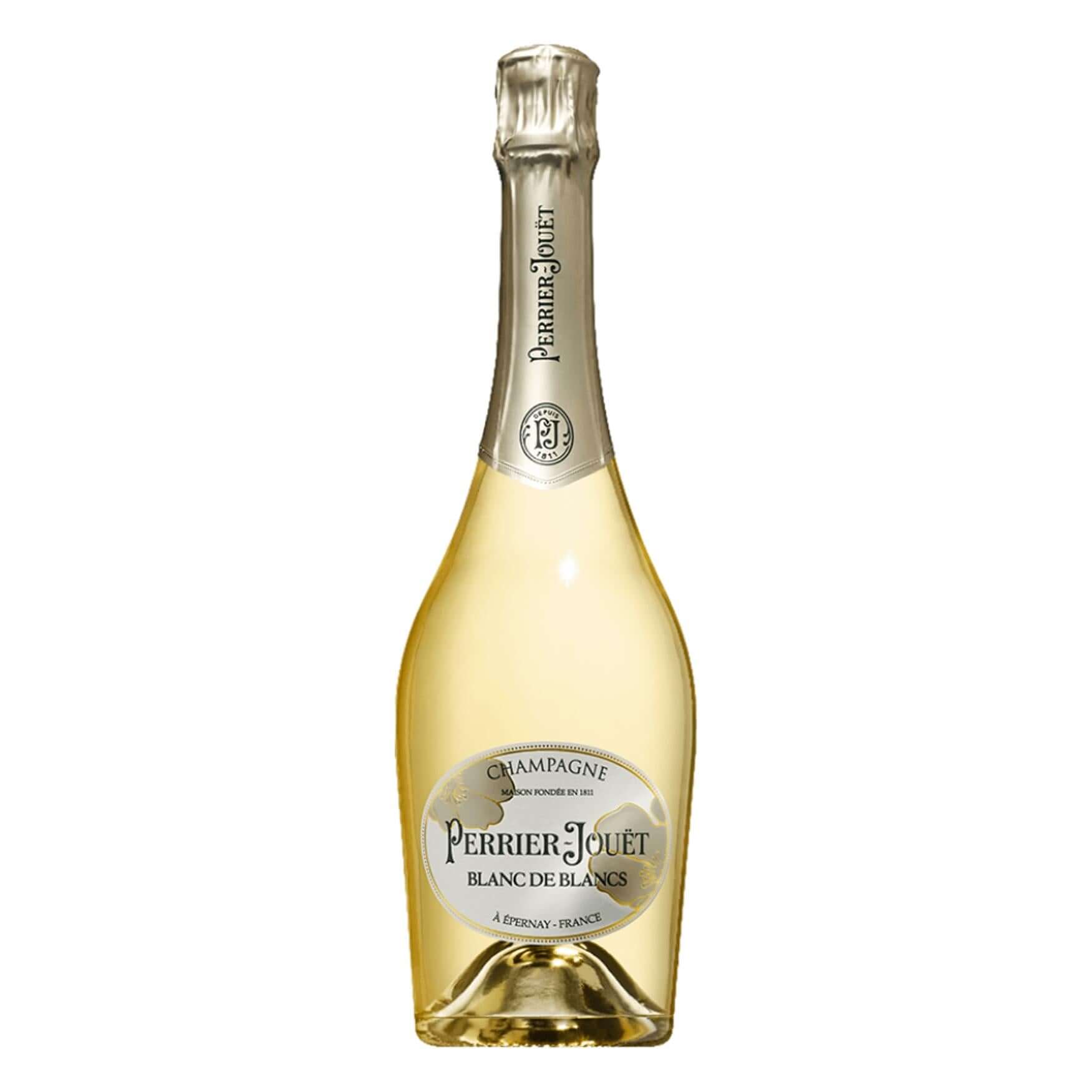 Perrier-Jouet Blanc De Blancs Champagne bottle with a gold foil top and white label