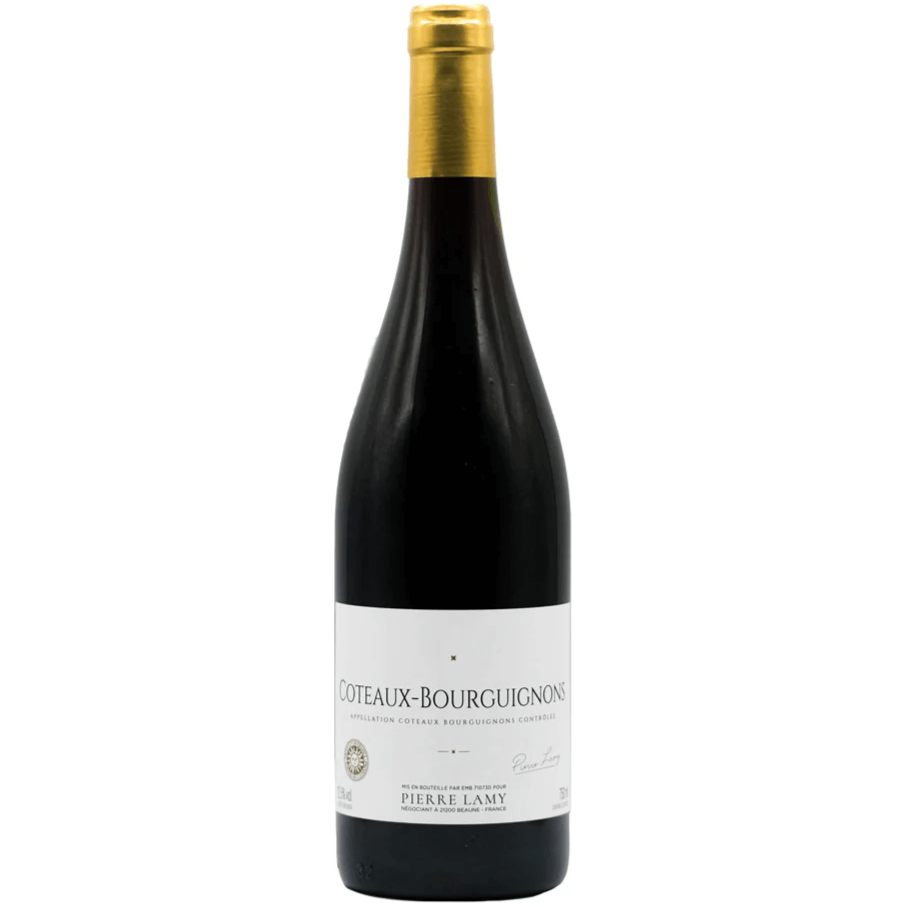 Bottle of Pierre Lamy Coteaux Bourguignons AOC Rouge showcasing its elegant wine label and distinctive shape.