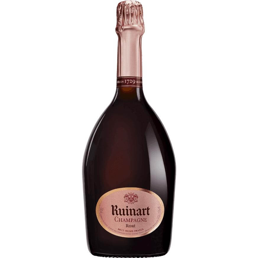 Ruinart Brut Rosé Champagne bottle, known for vibrant fruit and silky texture