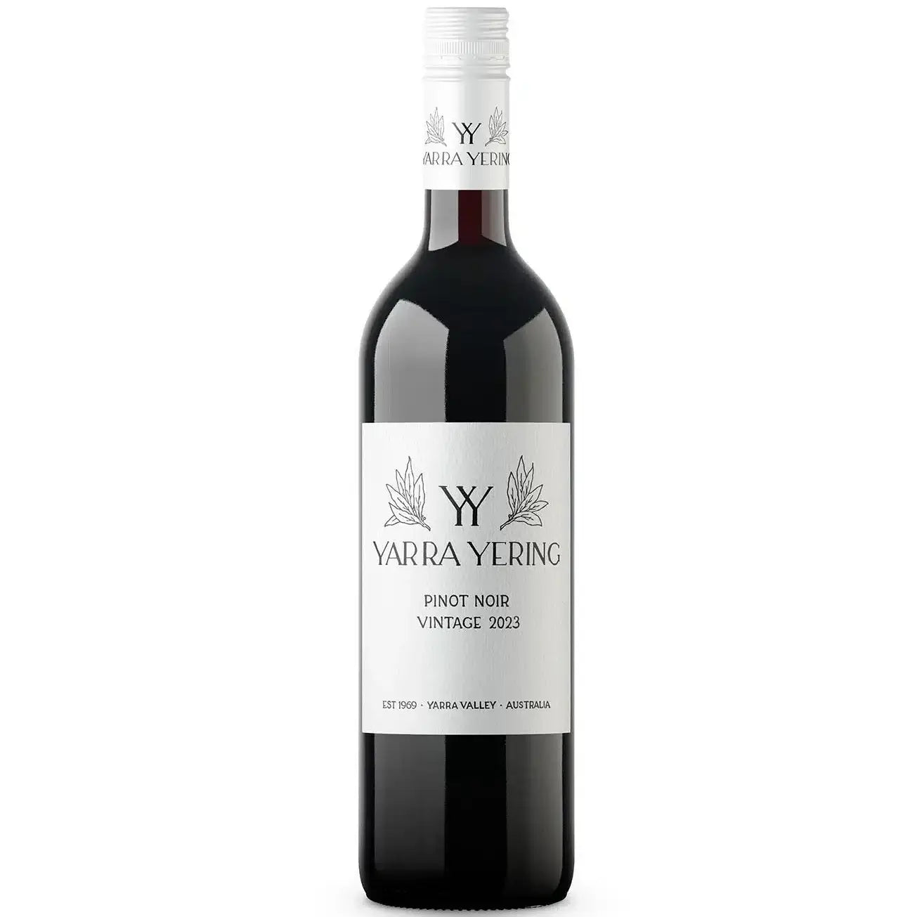 Yarra Yering Pinot Noir 2023 screwcap wine bottle with white label and logo.
