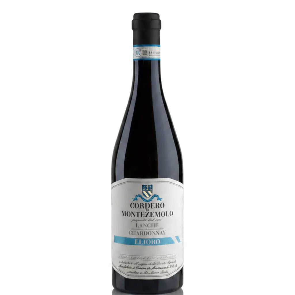 Cordero Di Montezemolo Elioro Chardonnay Langhe wine bottle with white and blue label