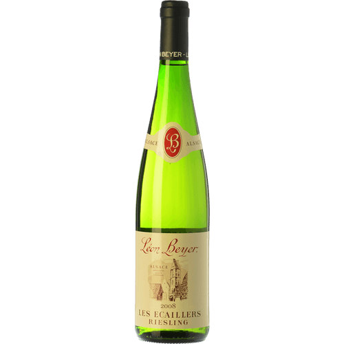 Leon Beyer Riesling Les Ecaillers Grand Cru AOC bottle with pale gold color and elegant label design.