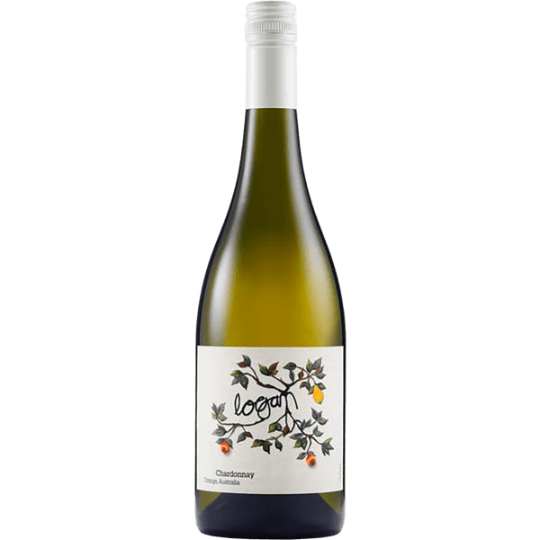 Logan Chardonnay bottle with a pale straw color and a decorative label, ideal for seafood and creamy pasta dishes.