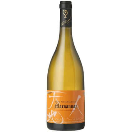 Lou Dumont Marsannay Blanc wine bottle with pale golden hue and vibrant label design.