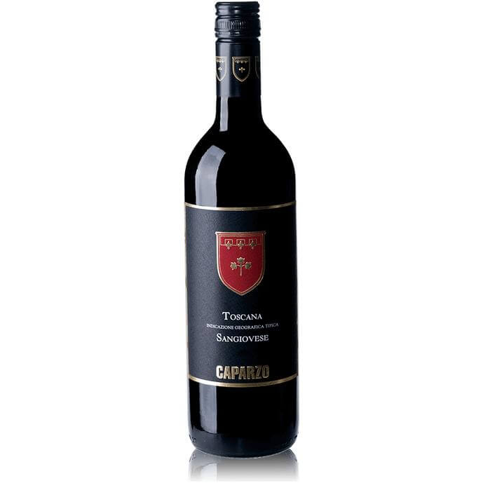Caparzo Toscana Sangiovese wine bottle with a dark label and red crest