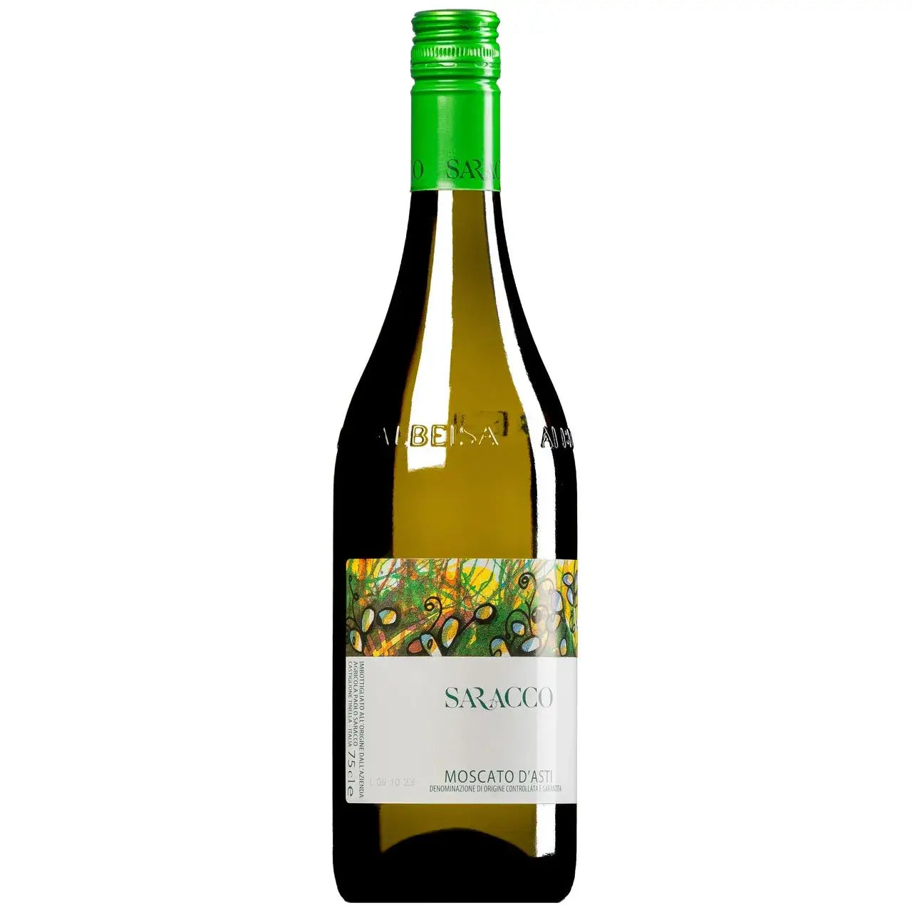 Saracco Moscato d'Asti DOP bottle with vibrant label and green cap, showcasing its sparkling golden hues.