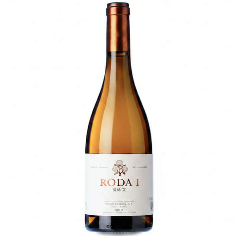 Bodegas Roda Roda I Blanco, a white Rioja wine from Spain, with an amber-yellow hue in a clear bottle - Curated Wines