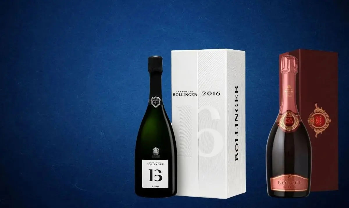 Bollinger 2016 vintage Champagne and Boizel rose Champagne, each in its own gift box, on a dark blue background