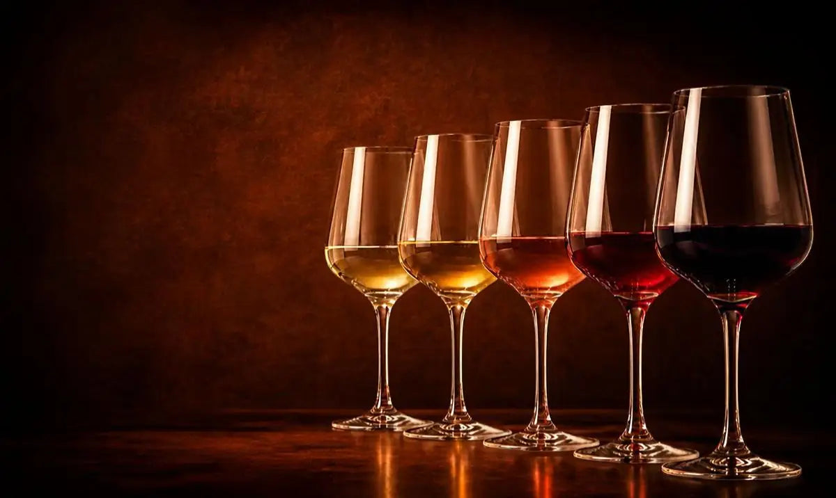 Five glasses of wine lined up from pale white and golden white through rosé to light and deep red