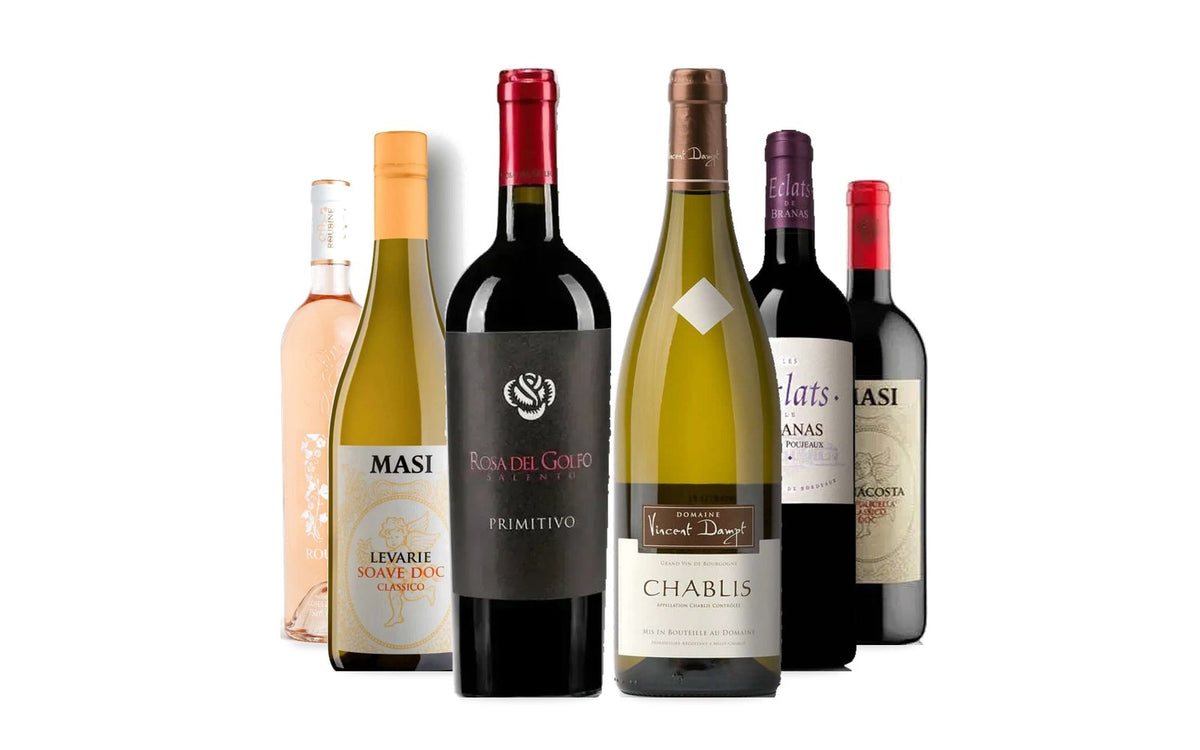 The six wines in the France Meets Italy Mixed Case