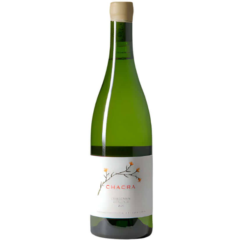 Bodega Chacra Chacra Chardonnay bottle showcasing its elegant design and cool-climate vineyard origins.