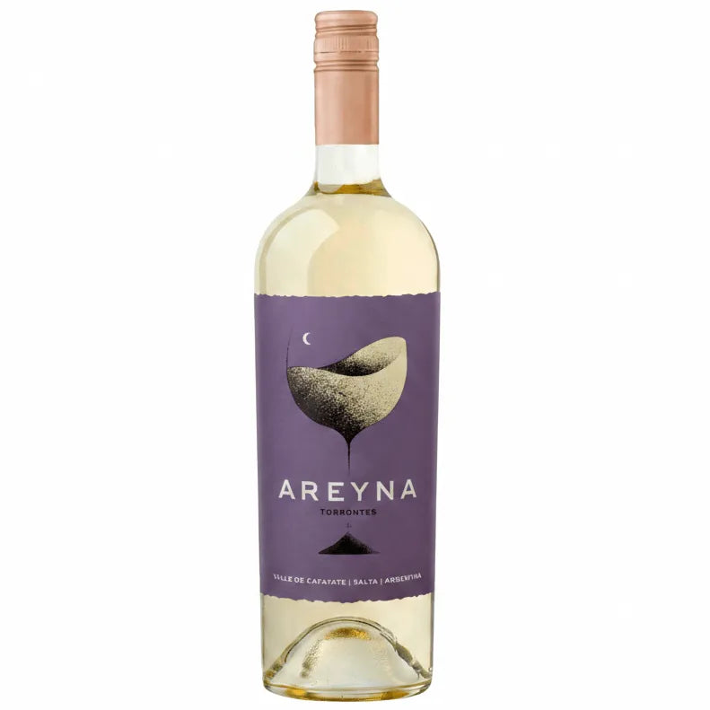 Casarena Areyna Torrontes White wine bottle with a purple label featuring a wine glass and crescent moon - Curated Wines