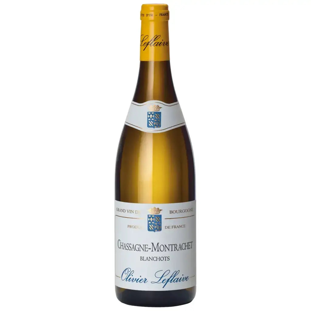 Olivier Leflaive Chassagne Montrachet Blanc wine bottle with elegant design and label.
