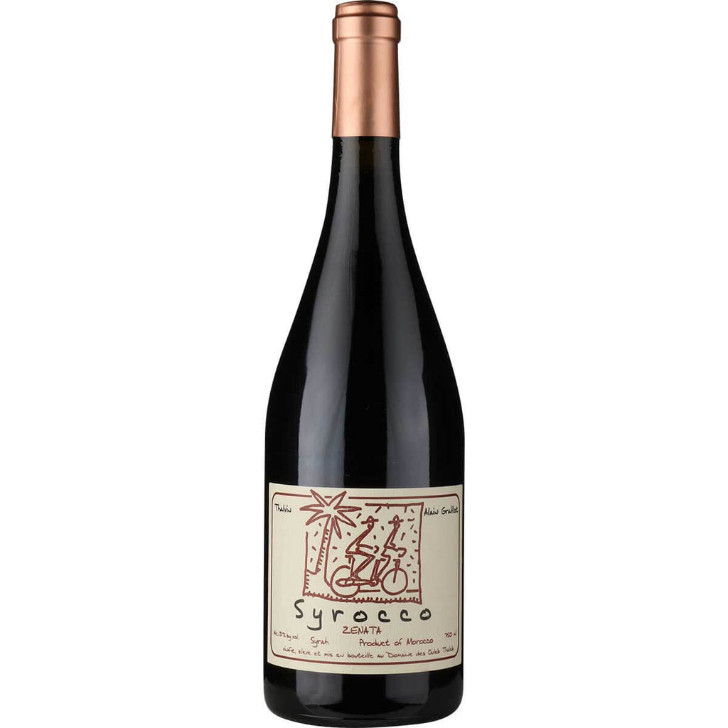 Alain Graillot Syrocco Rouge Maroc wine bottle with a unique label featuring a palm tree and two cyclists