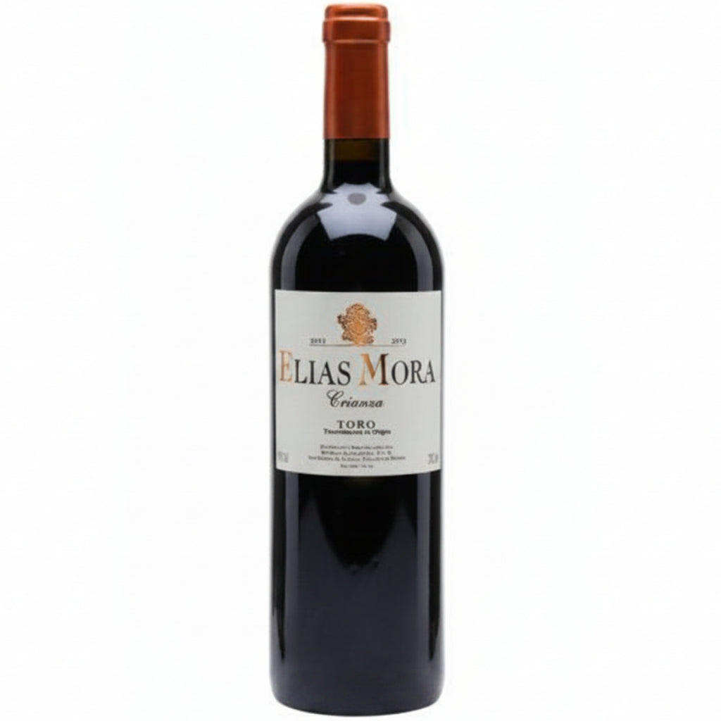 Bodegas Elias Mora Crianza, a red wine from Toro, Spain, with a white label and orange foil