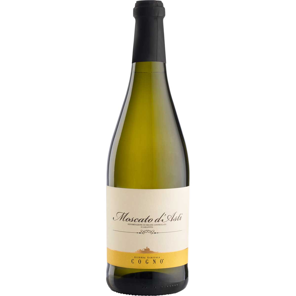 Elvio Cogno Moscato D'Asti DOCG bottle with pale golden hue and elegant design, showcasing authentic Italian wine.