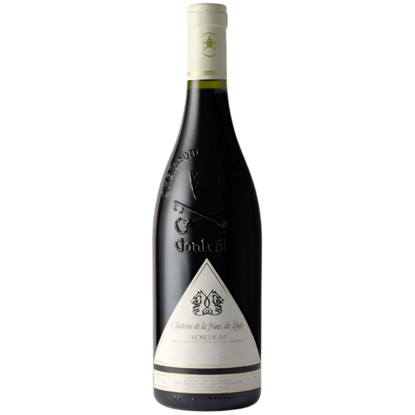 Chateau de la Font du Loup Chateauneuf du Pape red wine bottle with elegant design and detailed label.
