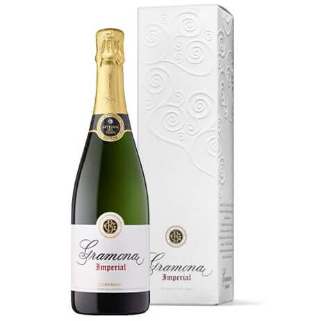 Gramona Imperial Brut from Penedes, Spain, a green bottle with gold foil and a white gift box