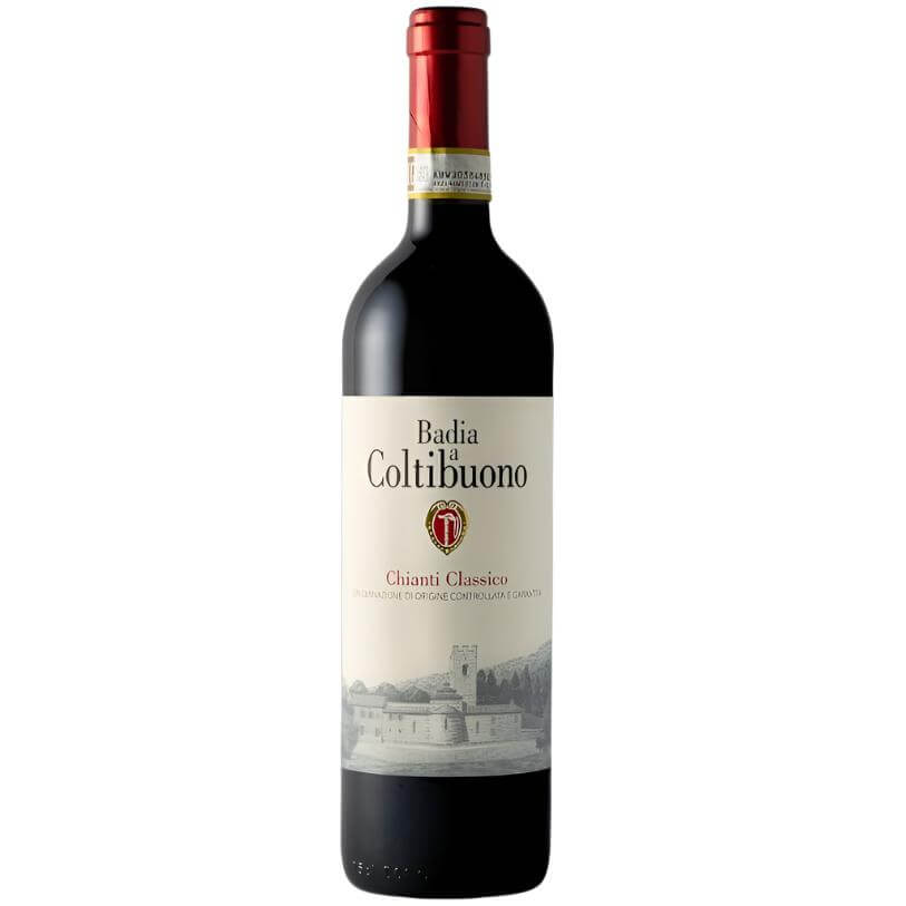 Badia a Coltibuono Chianti Classico bottle featuring traditional Tuscan design and vibrant wine color.