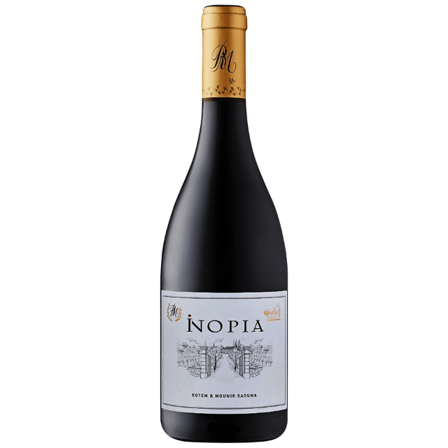 Rotem & Mounir Saouma "Inopia" Cote Du Rhone Village Rouge wine bottle with elegant label and gold cap.