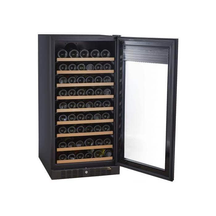 Kadeka Wine Chiller KS106TL/TR-106 bottles showcasing modern design with full glass door and wooden shelves.
