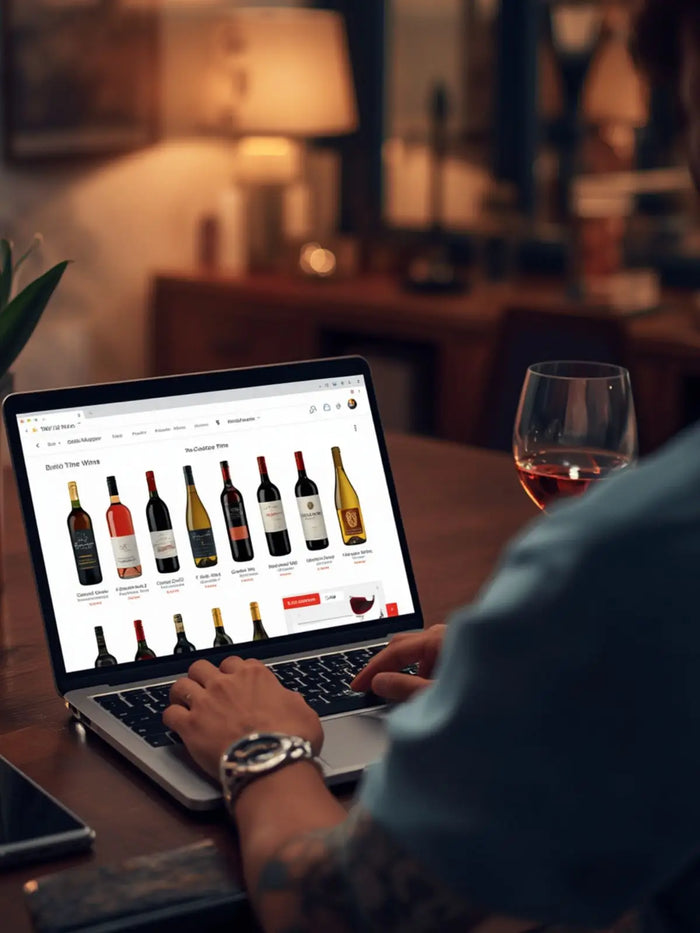 A laptop showing an online range of wine bottles, with a glass of rosé beside it