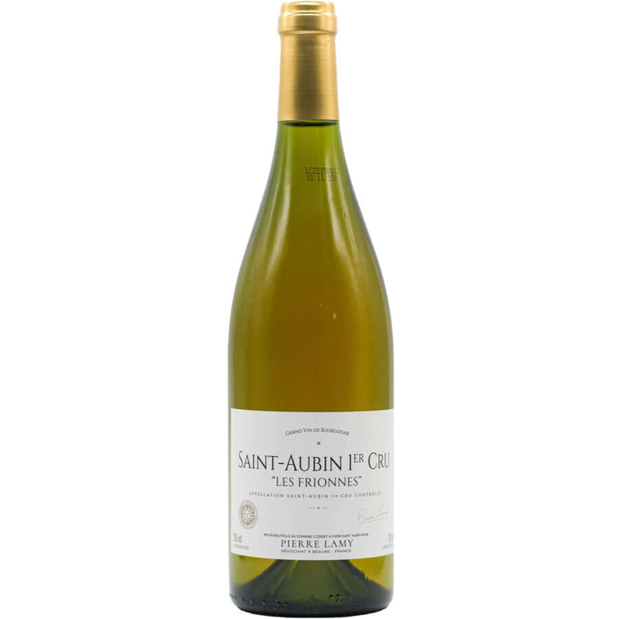Pierre Lamy St Aubin 'Les Frionnes' Blanc wine bottle showcasing pale gold color and elegant design.