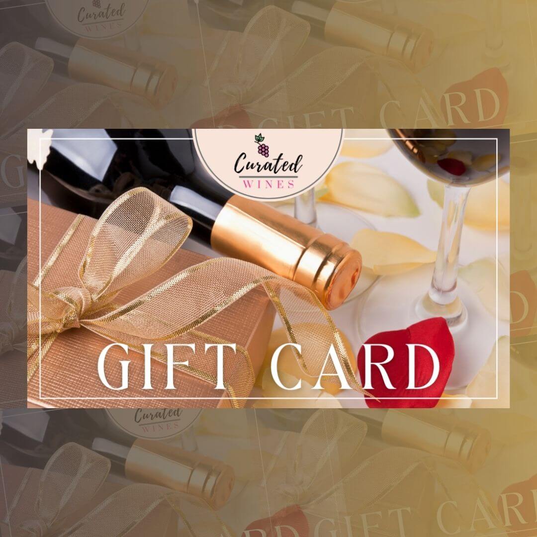 Curated Wines Gift Card with wine bottle, gift box, and rose petals, perfect for gifting wine lovers.