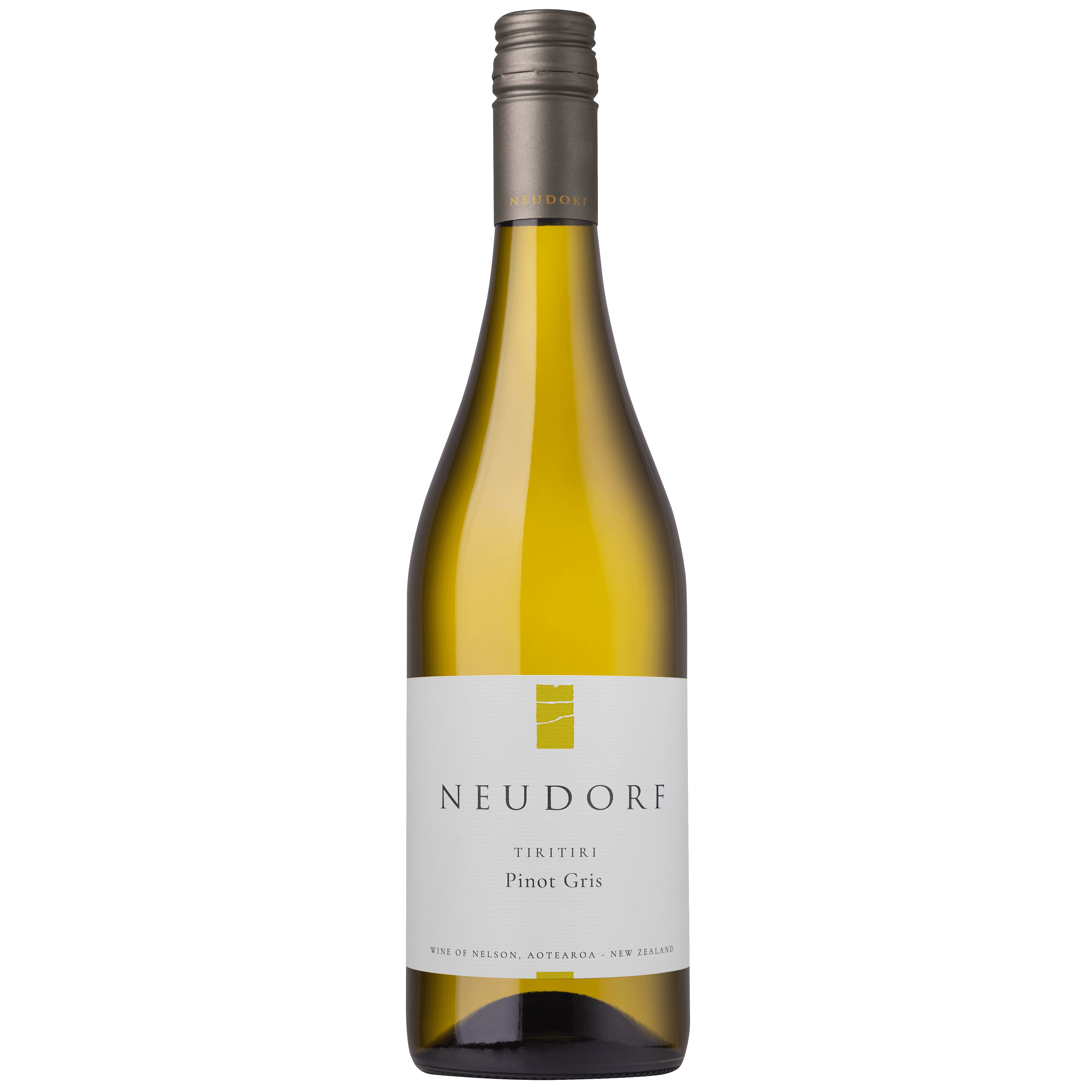 Neudorf Tiritiri Pinot Gris bottle showcasing elegant pale gold color and distinct label design.