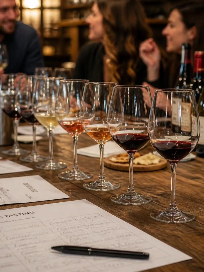 Wine glasses lined up on a tasting table with tasting sheets and a pen